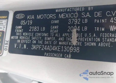 2019 Kia Forte Lxs z USA, uszkodzony, nr VIN 3KPF24AD4KE130998